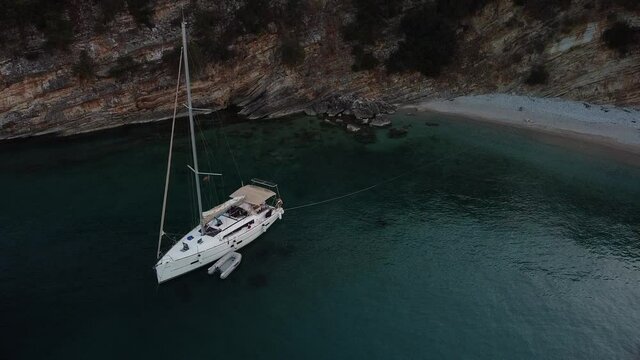 Aerial shoot paradise island and yacht in pera pigadhi Ithaki, Lefkada, Greece
