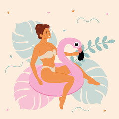 Woman rides an inflatable flamingo in the sea. Vector illustration isolated