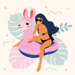 The girl rides an inflatable llama in the pool. Vector illustration isolated