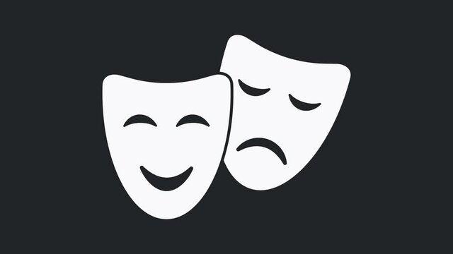 Comedy and tragedy theatrical masks icon isolated on black background. 4K Video motion graphic animation. 4k