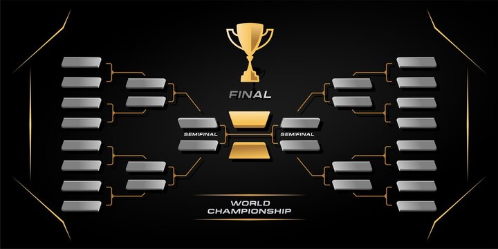 black and gold elegant sport game tournament championship contest stage layout, double elimination bracket board chart vector with champion trophy prize icon illustration background 