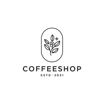 coffee bean logo. coffeeshop plant branch hipster minimal logo vector with leaf simple line outline icon for natural cafe concept.