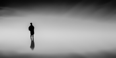 Silhouette illustration of a man standing in the space of nowhere with copy space -