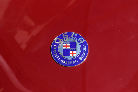 MODENA, ITALY, July 1 2021 - Motor Valley Fest exhibition, Maserati OSCA MT4 logo brand detail