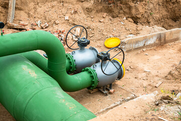 New water supply pipes with shut-off valves. City water supply system.