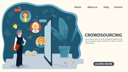 a man with a briefcase gives instructions on the Internet the concept of crowdsourcing an illustration in a flat style for the design of web pages and websites