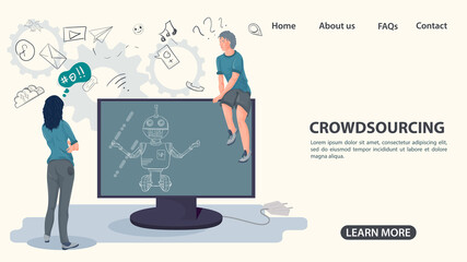 The girl is standing in front of the monitor and the guy is sitting on it the concept of crowdsourcing an illustration in a flat style for the design of web pages and websites