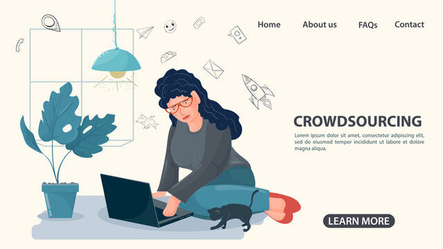 A girl is sitting on the floor with a laptop a crowdsourcing concept an illustration in a flat style for the design of web pages and websites