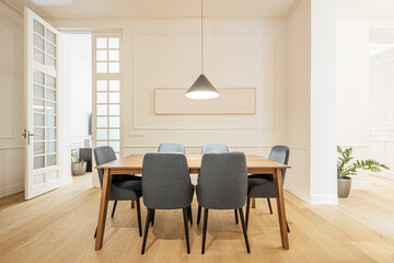 dining room in vacation rental apartments with high ceilings with oak flooring and white walls