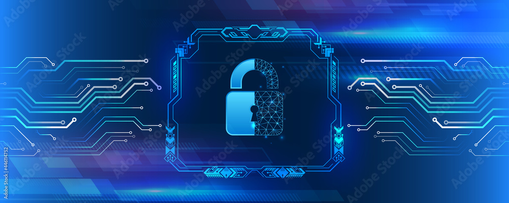 Poster Abstract blue background with various technology elements. Futuristic padlock vector illustration. Cyber attack protection. Protection from virus attack. Global antivirus secure system.