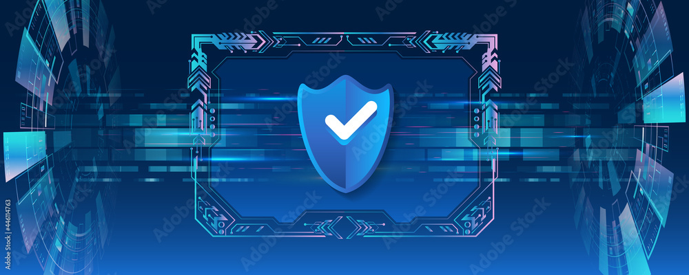 Poster Wide Cyber security internet and networking concept. Abstract global sci fi concept. Digital internet communication on blue background. Hi-tech vector illustration with various technology elements.