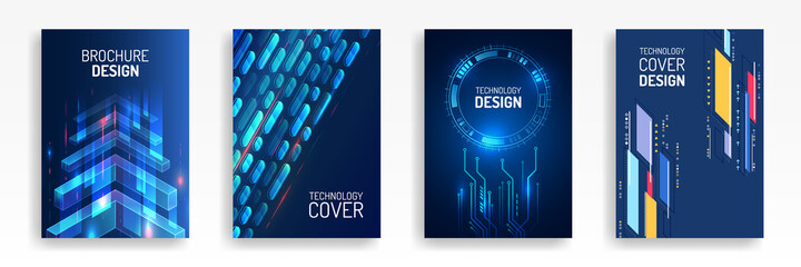 Blue layout futuristic brochures, flyers, placards. Contemporary science and digital technology concept. Vector template for brochure or cover with hi-tech elements background.