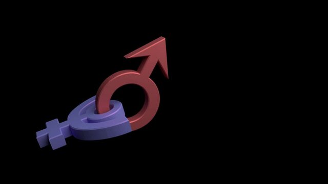 Astrological aspect of the Mars-Pluto conjunction. 3D rendering. Flying and connecting in a dark space, the three-dimensional red and blue astrological symbols of the planets Mars and Pluto.