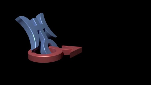 Astrological aspect of the Mars-Uranus conjunction. 3D render. Flying and connecting in a dark space red and blue three-dimensional astrological symbols of the planets Mars and Uranus.