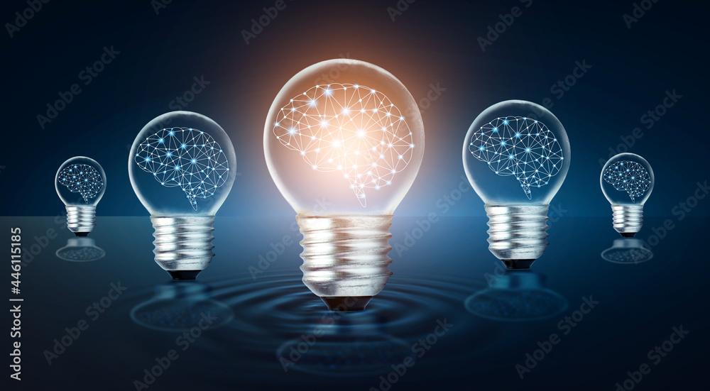 Wall mural different light bulb idea many bulbs are arranged in a row and one of them is illuminated. concept i