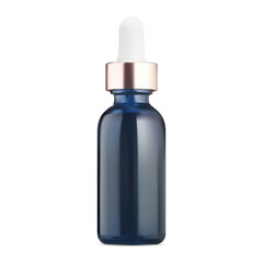 Dropper bottle. Blue glass cosmetic serum bottle design. Eyedropper essential oil container mock up. Medicine collagen essence pipette jar, liquid skin care serum vial