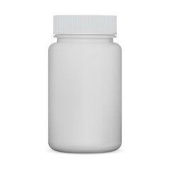 White pill bottle. Supplement jar, plastic package mockup. Medicine can isolated on white background, health cure, pharmacy remedy container. Prescription medicament packaging