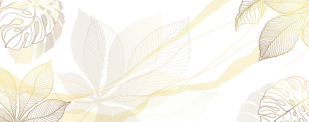 Luxurious golden wallpaper. White background and beautiful stripes and spots. Golden chestnut and monstera leaves with a shiny light texture. Modern art mural wallpaper. Vector illustration. © MARINA