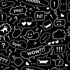 Doodle style on a black background. Seamless pattern with speech bubbles. Dialog words: yes, hello, wow, goodbye, mmm. The pattern includes an exclamation mark, a heart, a cat and a dog.