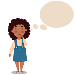 A dark-skinned curly-haired girl in a sundress. The child is thinking about some idea. The student thinks about it. cloud for text. Vector illustration on a white isolated background.