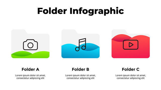 3 folder icons - empty, half-full, full. Infographic slide template for your presentation. File manager. Data visualization with liquid.