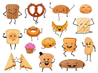 Bread characters. Funny cartoon bakery products, loaves, toasts and sweet pastry. Breakfast croissant and muffin with cute faces vector set