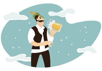 A stately Bavarian man with a mustache and beard in traditional suit is holding a large mug of beer. Blue background with clouds. Festival Oktoberfest. Beer day. Vector. Banner, poster, postcard.
