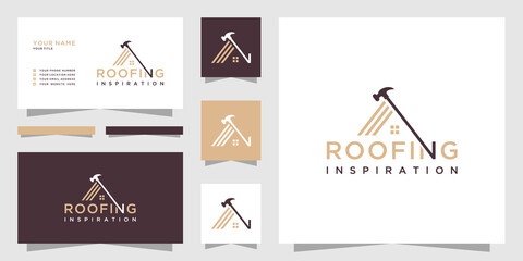 Home roofing logo with hammer check and business card template