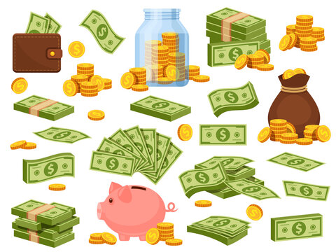 Cartoon money bag and piles. Piggy bank, banknote packs, wallet with dollar bills, gold stacks and sack with coins. Cash savings vector set
