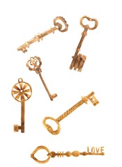 a set of watercolor keys in copper, gold and brown colors with monograms and the inscription Love isolated on a white background.