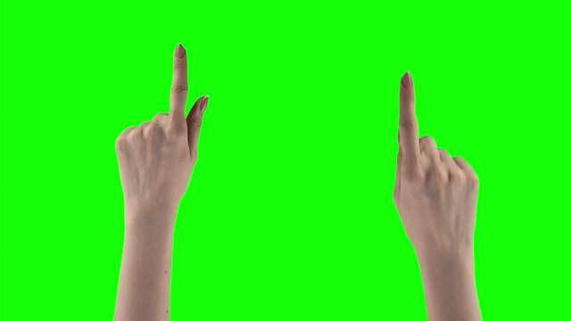 Set of 27 gestures made by female hands and fingers to manage touch screen on a chroma key. A woman is tapping than swiping and zooming on alpha channel background. Showing a presentation on smart pad