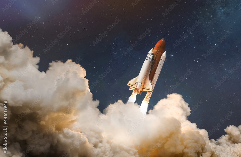 Aufkleber Space shuttle launch in the clouds to outer space. Dark space with stars on background. Sky and clouds. Spaceship flight. Elements of this image furnished by NASA