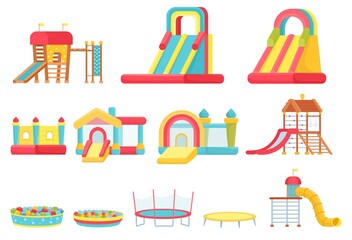 Cartoon trampolines. Children play room elements, inflatable castles and slides, game house and soft ball pool. Indoor playground vector set - obrazy, fototapety, plakaty