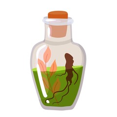 A bottle with a witch's potion. Catering. An element for celebrating Halloween. Vector illustration isolated on white background.