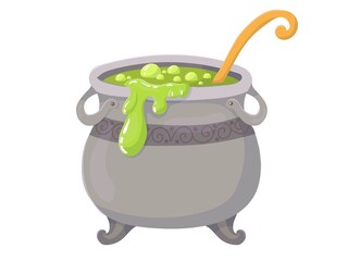 A bowl with a witch's potion. Treats. An element for celebrating Halloween. Vector illustration isolated on white background.