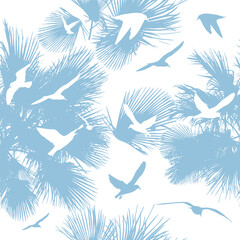 Seamless background palm leaves with flying seagulls . vector illustration
