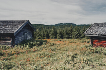 Summer farms at Knaiseter in Hurdal, with the Fjellsjøkampen Hill in the background, the highest mountain of Akershus, Norway.