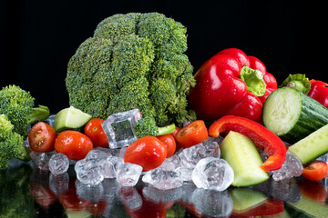 Vegetables on a black background with ice cubes and crushed ice