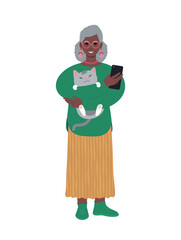 Modern senior african woman with cat and smartphone