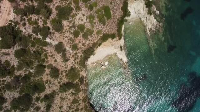 aerial shot kalamos island beach and yacht, lefkada, greece