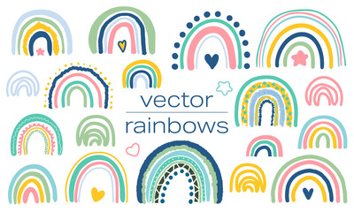 Collection of doodled rainbows. Bundle of different, cute vector illustrations with dots, hearts and stars.