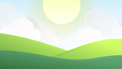 Grasslands, green hills and white clouds, big sun in summer ,Illustration Vector EPS 10