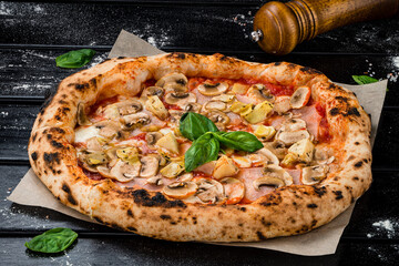 Fresh original Italian pizza, classic Italian pizza with mushrooms and ham from the oven