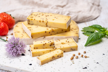 Cheese collection, matured cow cheese with mustard seeds from Belgium