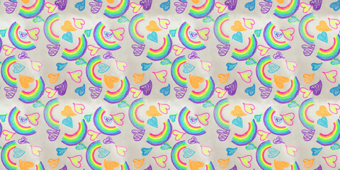 seamless pattern of rainbows and hearts on a gray background. Pattern for baby wallpaper or festive wrapping paper