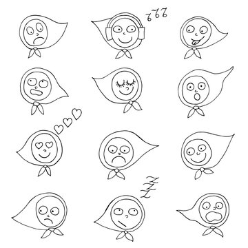 Set of vector faces with different emotions isolated on a white background. Flat cartoon style suitable for landing page, banner, flyer, sticker. Drawn in the style of doodle, comics, coloring pages