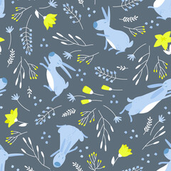 Seamless pattern with blue rabbits and floral motifs on a dark background. Easter background with bunnies, flowers. Great for baby textiles, wallpapers. Flat vector illustration.