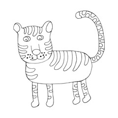 Funny tiger. Vector character in cartoon style. Hand drawn in doodle style. Isolated. Coloring pages for children and adults. Can be used in your projects in banners and posters and postcards