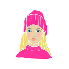 Teens girl drawn in hipster style. White background. Isolated white. Fashion print. Kid graphic. Sketch character. Beautiful female face vector illustration.