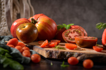 Tomatoes on rustic kitchen counter